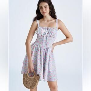 NEW Scarlet Darkness Lavender Floral Corset Mini Dress Smocked Back Spring Large